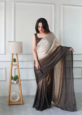 ready made chiku chinon solid saree 1