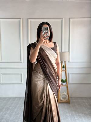 ready made chiku chinon solid saree 2
