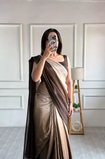 ready made chiku chinon solid saree