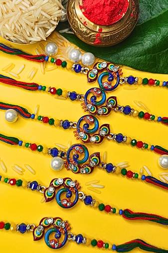 combo of 6 beaded cotton thread with ad stones & meenakari designer rakhi for brother
