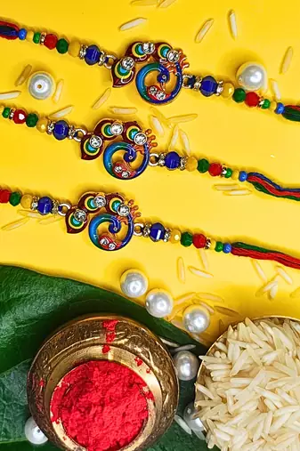 combo of 3 beaded cotton thread with ad stones & meenakari designer rakhi for brother