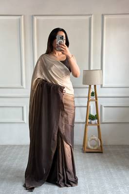 ready made chiku chinon solid saree 5