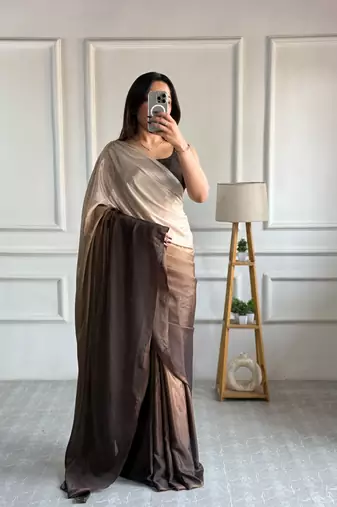 ready made chiku chinon solid saree
