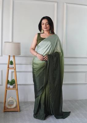 pre draped green chinon solid saree 1