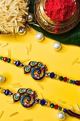 combo of 2 beaded cotton thread with ad stones & meenakari designer rakhi for brother