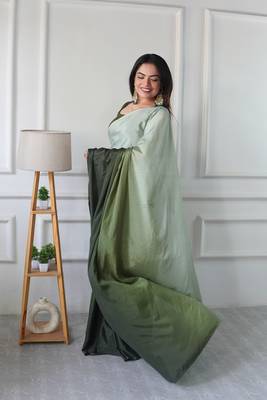 pre draped green chinon solid saree 2