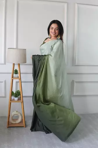 pre draped green chinon solid saree