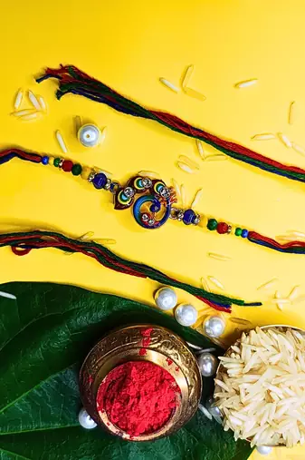 combo of 2 beaded cotton thread with ad stones & meenakari designer rakhi for brother