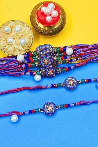 combo of 12 beaded cotton thread with ad stones & meenakari designer rakhi for brother