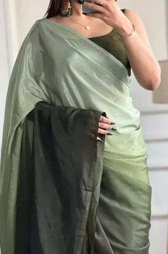 pre draped green chinon solid saree