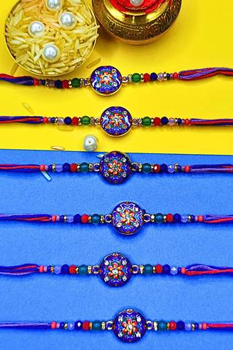 combo of 6 beaded cotton thread with ad stones & meenakari designer rakhi for brother