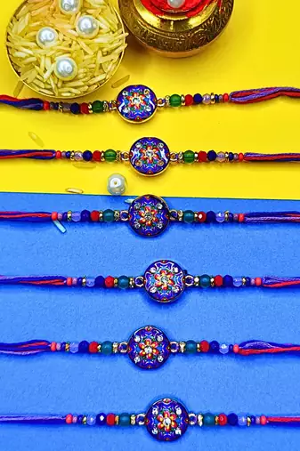 combo of 6 beaded cotton thread with ad stones & meenakari designer rakhi for brother