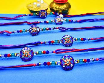 combo of 6 beaded cotton thread with ad stones & meenakari designer rakhi for brother 2