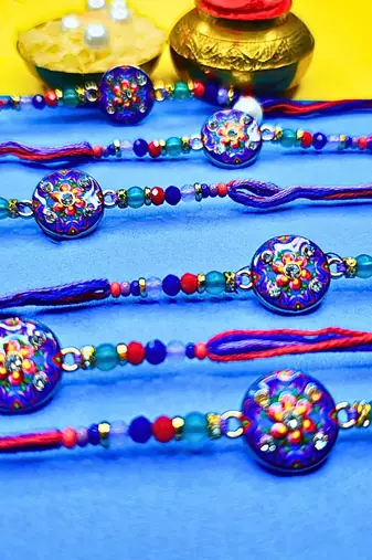 combo of 6 beaded cotton thread with ad stones & meenakari designer rakhi for brother