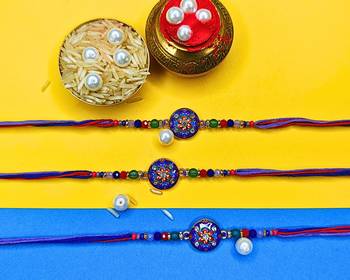 combo of 3 beaded cotton thread with ad stones & meenakari designer rakhi for brother 1