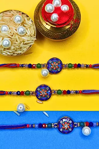 combo of 3 beaded cotton thread with ad stones & meenakari designer rakhi for brother