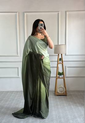 pre draped green chinon solid saree 5
