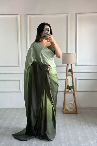 pre draped green chinon solid saree