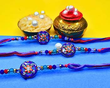combo of 3 beaded cotton thread with ad stones & meenakari designer rakhi for brother 2