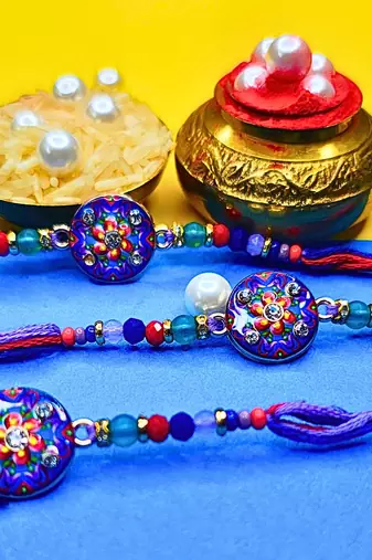 combo of 3 beaded cotton thread with ad stones & meenakari designer rakhi for brother