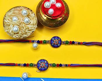 combo of 2 beaded cotton thread with ad stones & meenakari designer rakhi for brother 1