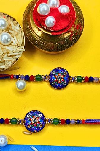 combo of 2 beaded cotton thread with ad stones & meenakari designer rakhi for brother