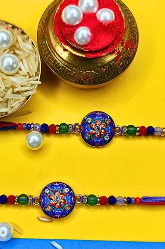 combo of 2 beaded cotton thread with ad stones & meenakari designer rakhi for brother