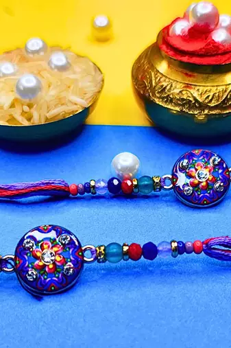 combo of 2 beaded cotton thread with ad stones & meenakari designer rakhi for brother