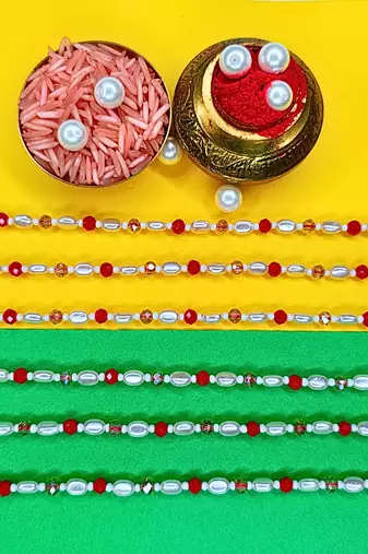 combo of 6 beaded cotton thread with ad stones & meenakari designer rakhi for brother