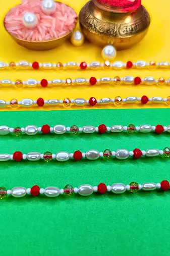 combo of 6 beaded cotton thread with ad stones & meenakari designer rakhi for brother