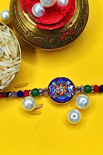 combo of 2 beaded cotton thread with ad stones & meenakari designer rakhi for brother