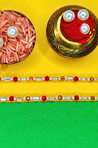 combo of two beaded cotton thread with ad stones & meenakari designer rakhi for brother