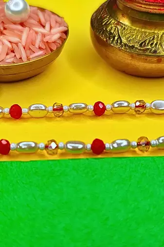 combo of two beaded cotton thread with ad stones & meenakari designer rakhi for brother