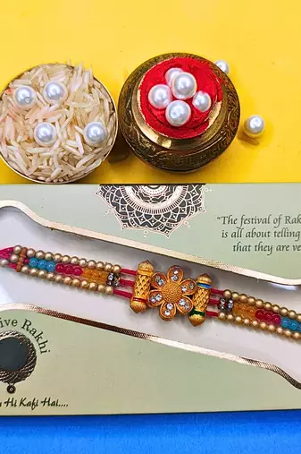 beaded cotton thread with ad stones & meenakari designer rakhi for brother