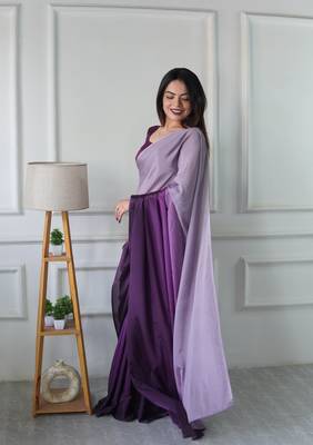 pre-stitched lavender chinon solid saree 2