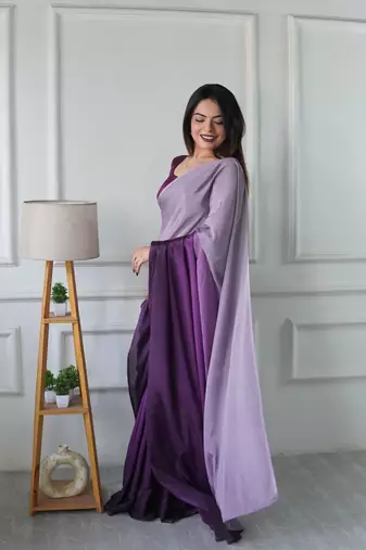 pre-stitched lavender chinon solid saree