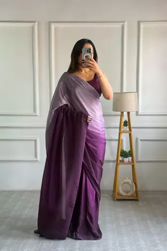 pre-stitched lavender chinon solid saree