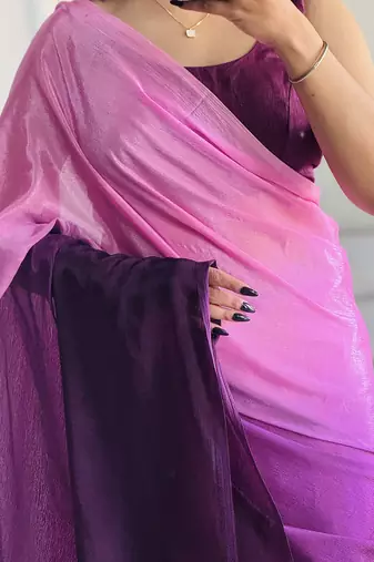 pre draped purple chinon solid saree