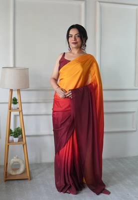 ready made yellow chinon solid saree 1