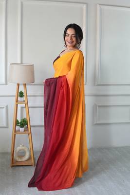 ready made yellow chinon solid saree 2