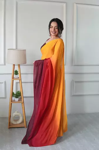 ready made yellow chinon solid saree