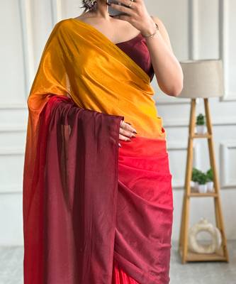 ready made yellow chinon solid saree 3