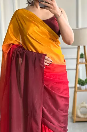 ready made yellow chinon solid saree