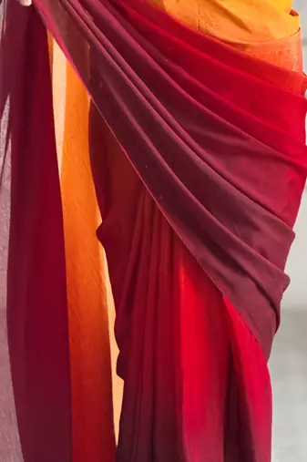 ready made yellow chinon solid saree