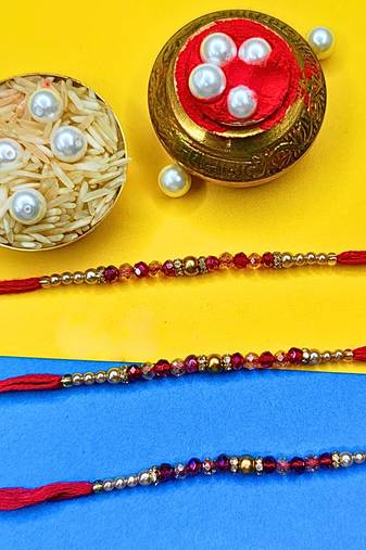 combo of 3 beaded cotton thread with ad stones & meenakari designer rakhi for brother