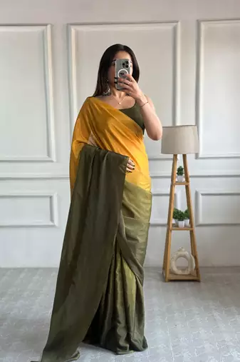 ready to wear mustard chinon solid saree