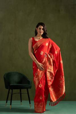 Red dola silk blend zari woven saree 1