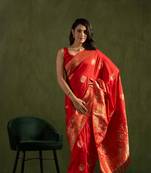 Red dola silk blend zari woven saree