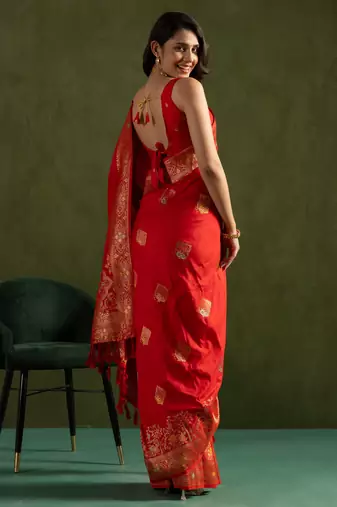 Red dola silk blend zari woven saree