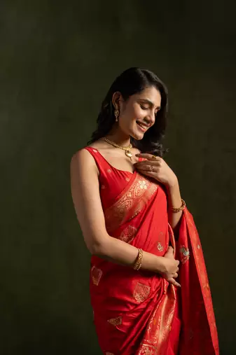 Red dola silk blend zari woven saree